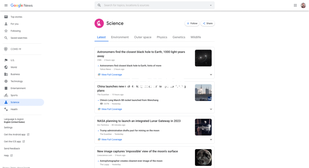Google新闻上的科学故事示例页面