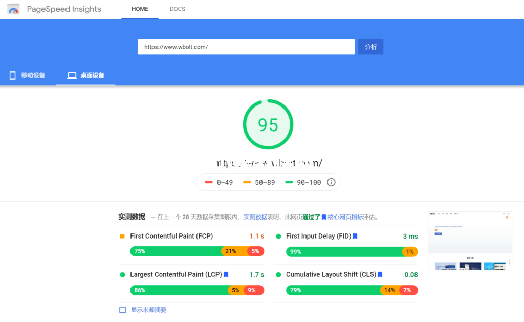 闪电博网站Pagespeed Insights检测分数