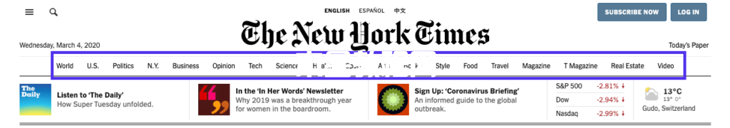 纽约时报主页菜单