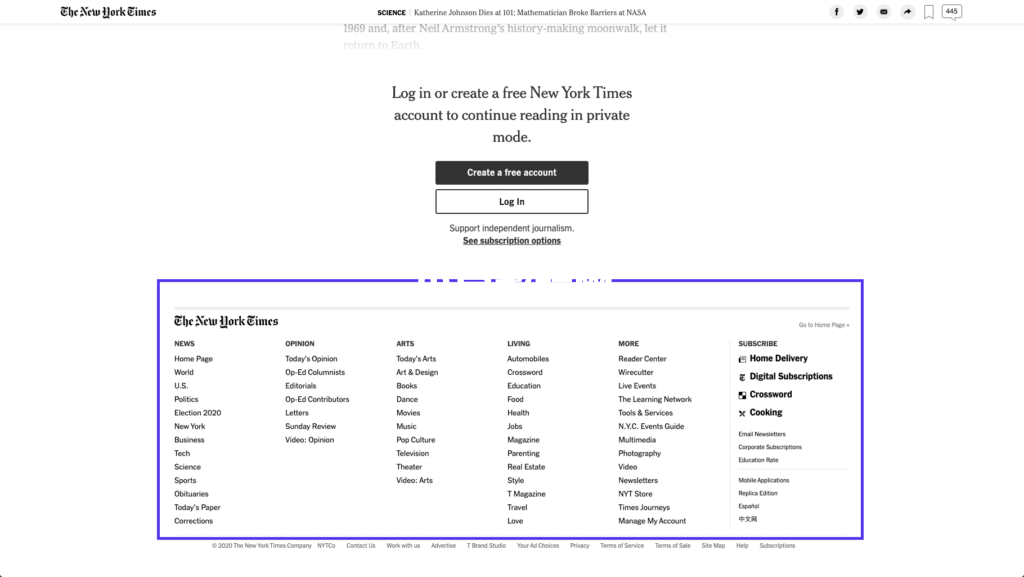 纽约时报文章——页脚菜单