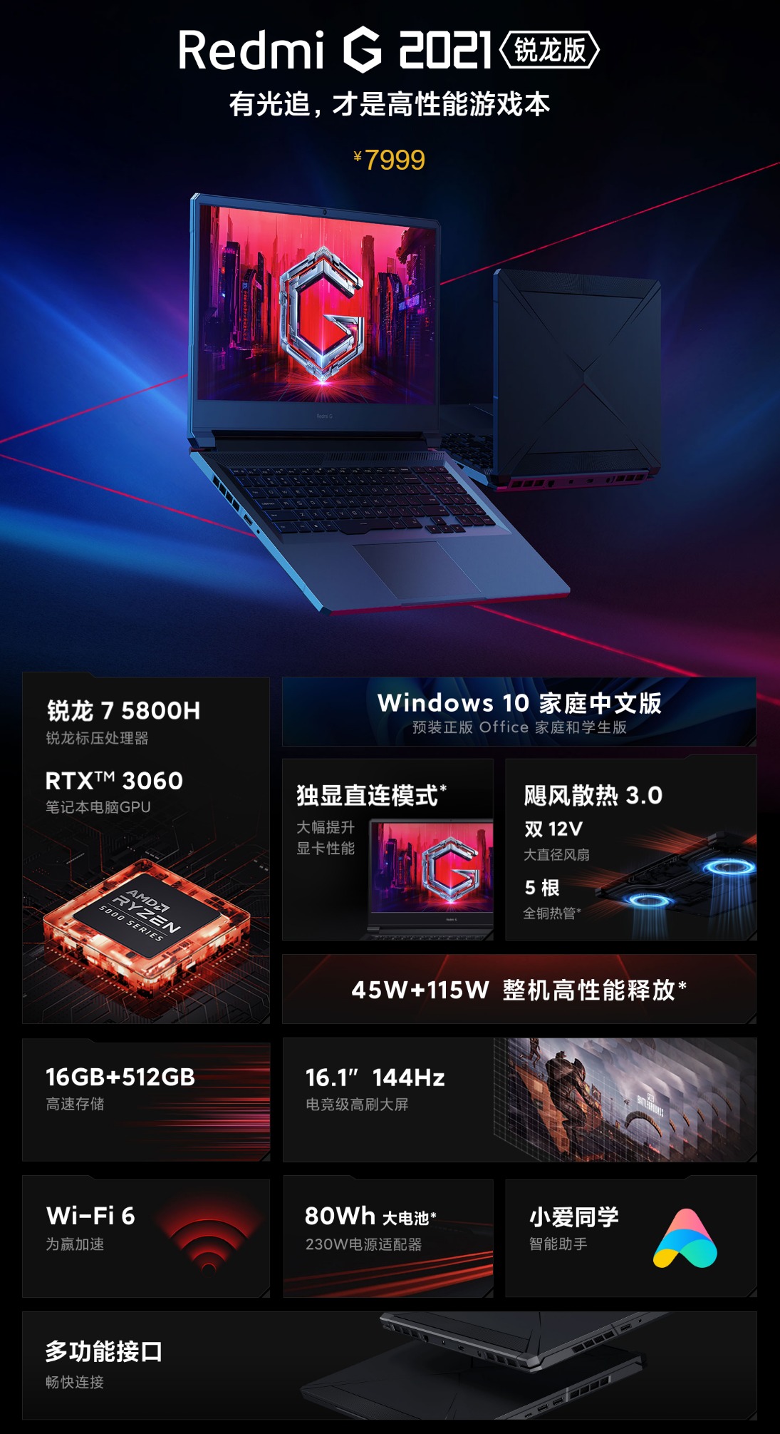 配RTX3060仅售6999！Redmi G游戏本锐龙版直降1千(图2)