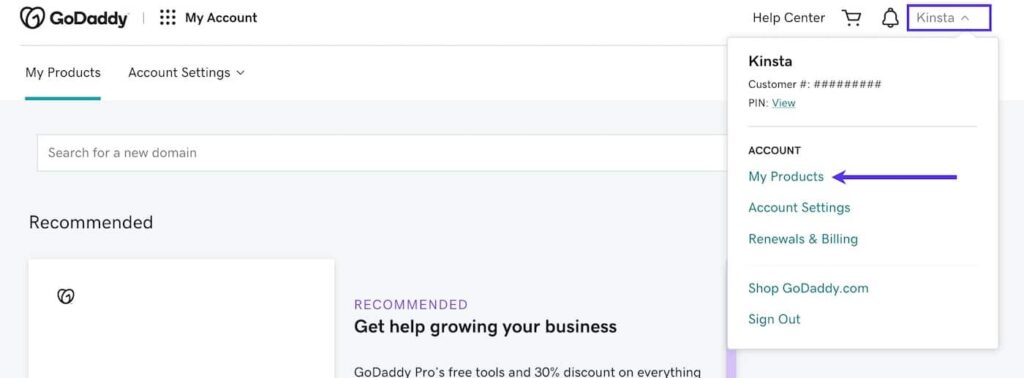在您的GoDaddy帐户名下选择我的产品