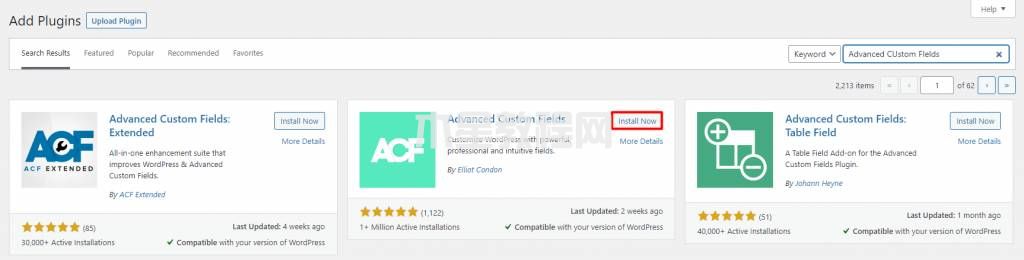 搜索Advanced Custom Fields插件