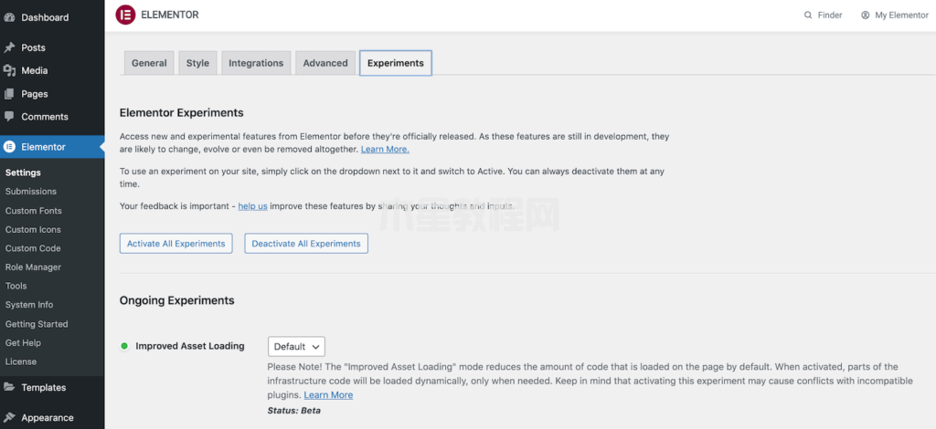 单击Elementor选项卡并找到Experiments选项