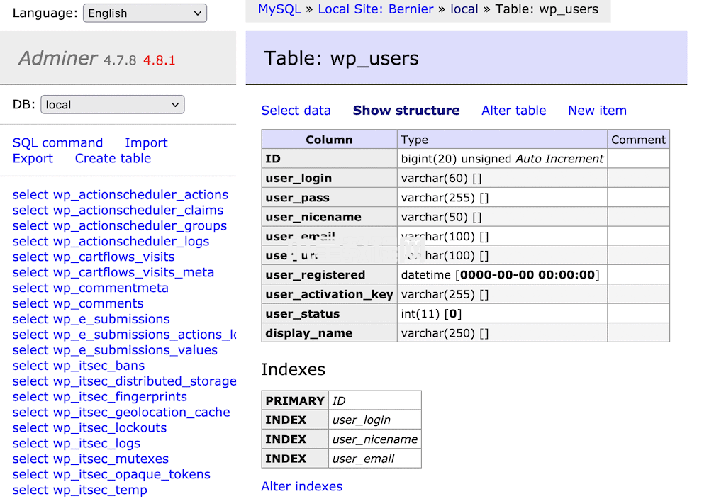 adminer查看wp_users数据表